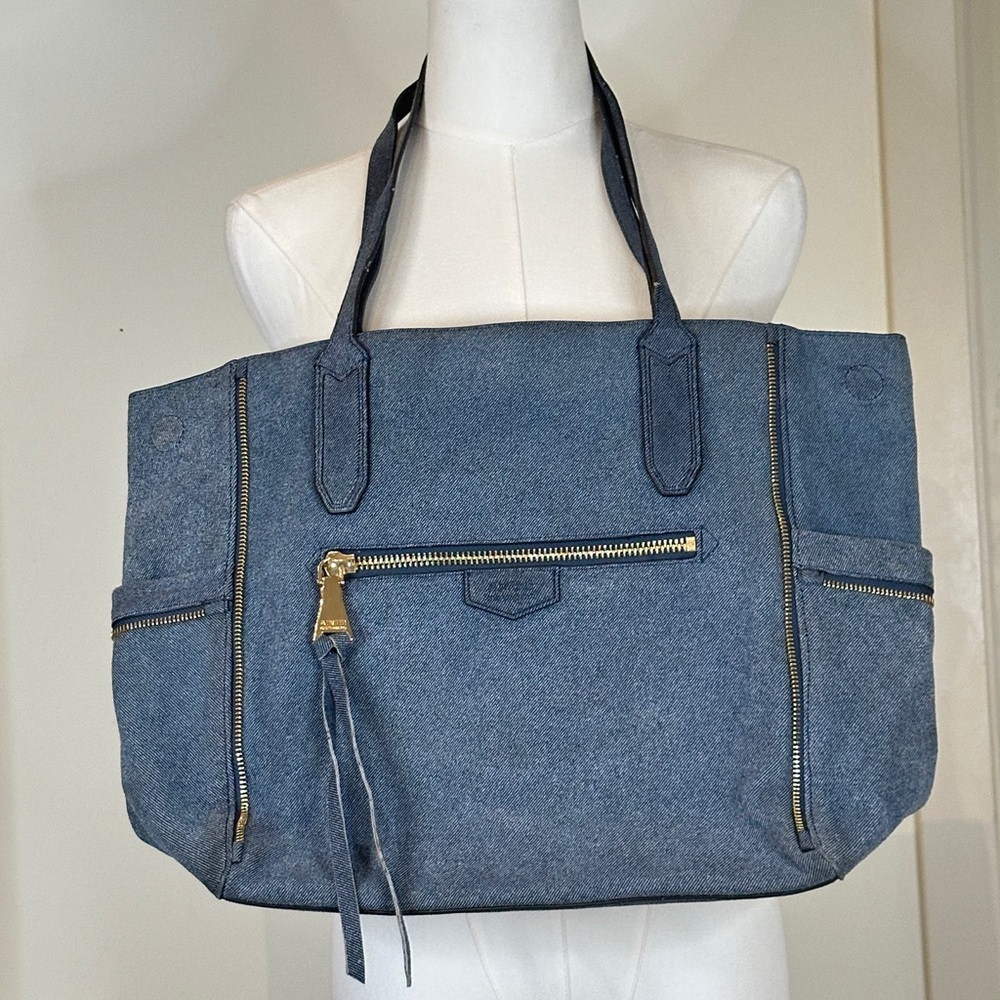 Large Gray  Blue Tote Bag with Zipper Pockets, Shoulder Straps, Everyday Shopper